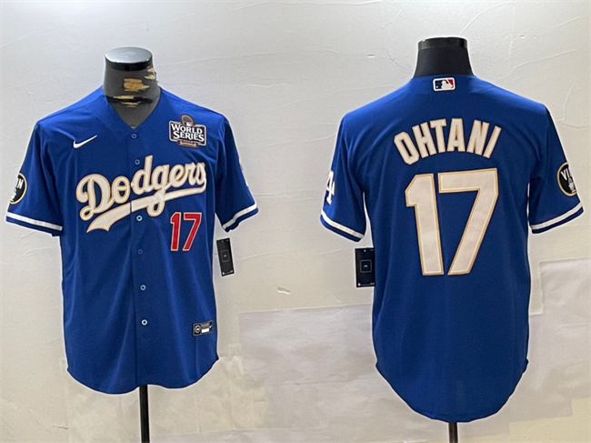 Men's Los Angeles Dodgers #17 Shohei Ohtani Blue 2024 World Series Vin Patch Cool Base Stitched Baseball Jersey