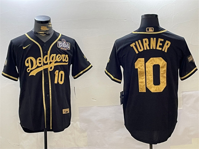 Men's Los Angeles Dodgers #10 Justin Turner Black Gold 2024 World Series Cool Base Stitched Baseball Jersey