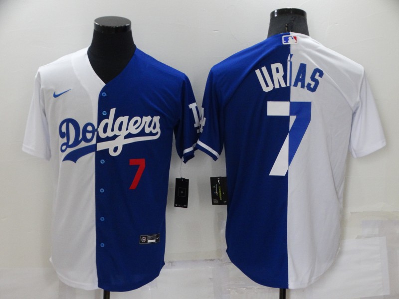 Men's Los Angeles Dodgers #7 Julio Urias White Blue Split Cool Base Stitched Baseball Jerseys