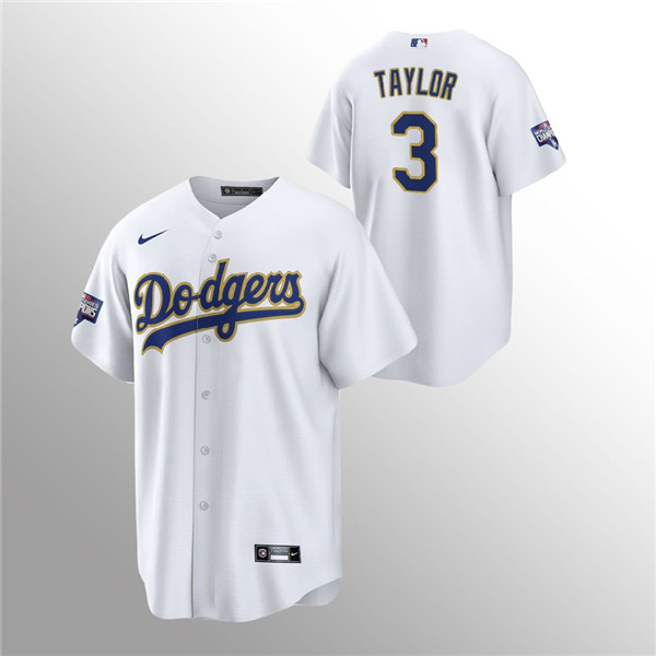 Men's Dodgers #3 Chris Taylor White 2021 Gold Program Replica Jersey