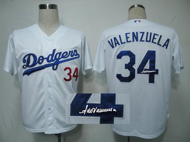 Los Angeles Dodgers 34 Fernando Valenzuela White Cool Base MLB Jerseys Signed Jersey