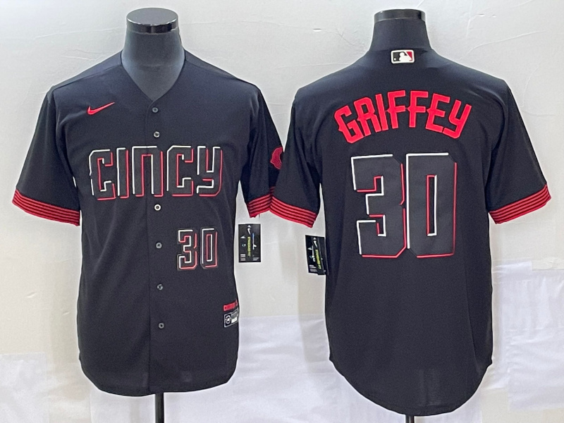 Men's Cincinnati Reds #30 Ken Griffey Jr. Black 2023 City Connect With Patch Stitched Jersey