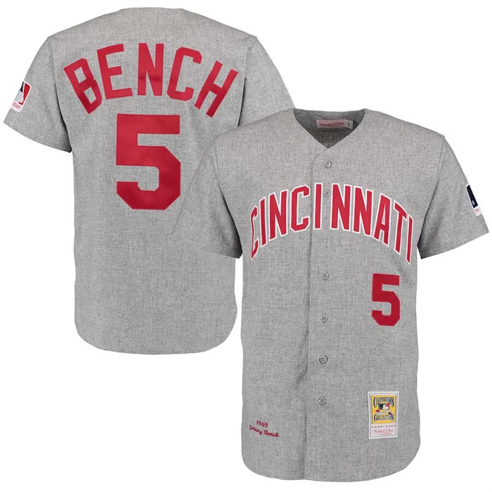 Men's Cincinnati Reds #5 Johnny Bench Mitchell & Ness Gray 1969 Throwback Jersey