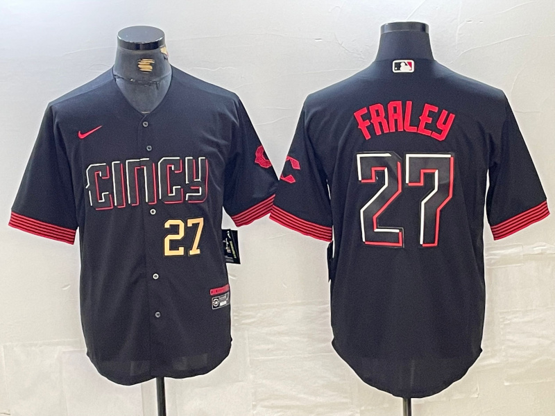 Men's Cincinnati Reds #27 Jake Fraley Black 2023 City Connect Cool Base Stitched Baseball Jersey 4