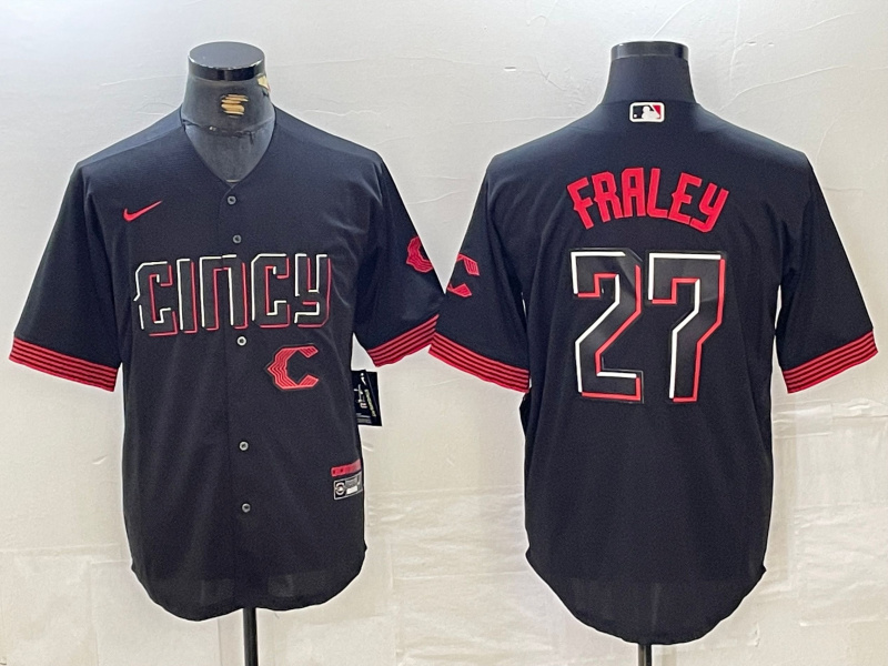 Men's Cincinnati Reds #27 Jake Fraley Black 2023 City Connect Cool Base Stitched Baseball Jersey 2