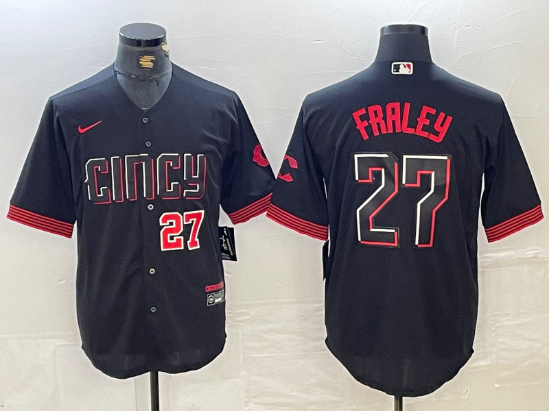 Men's Cincinnati Reds #27 Jake Fraley Black 2023 City Connect Cool Base Stitched Baseball Jersey 1