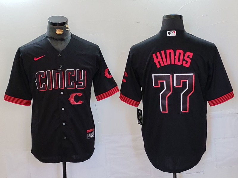 Men's Cincinnati Reds #77 Rece Hinds Black 2023 City Connect Stitched Baseball Jersey 3