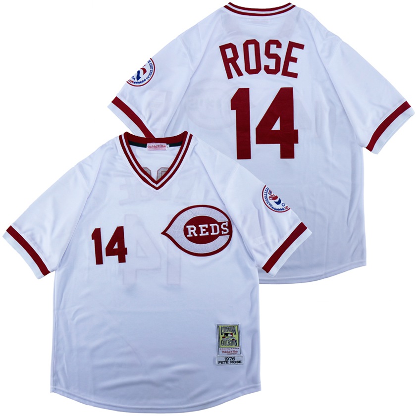 Reds 14 Pete Rose White 1976 Throwback Jersey