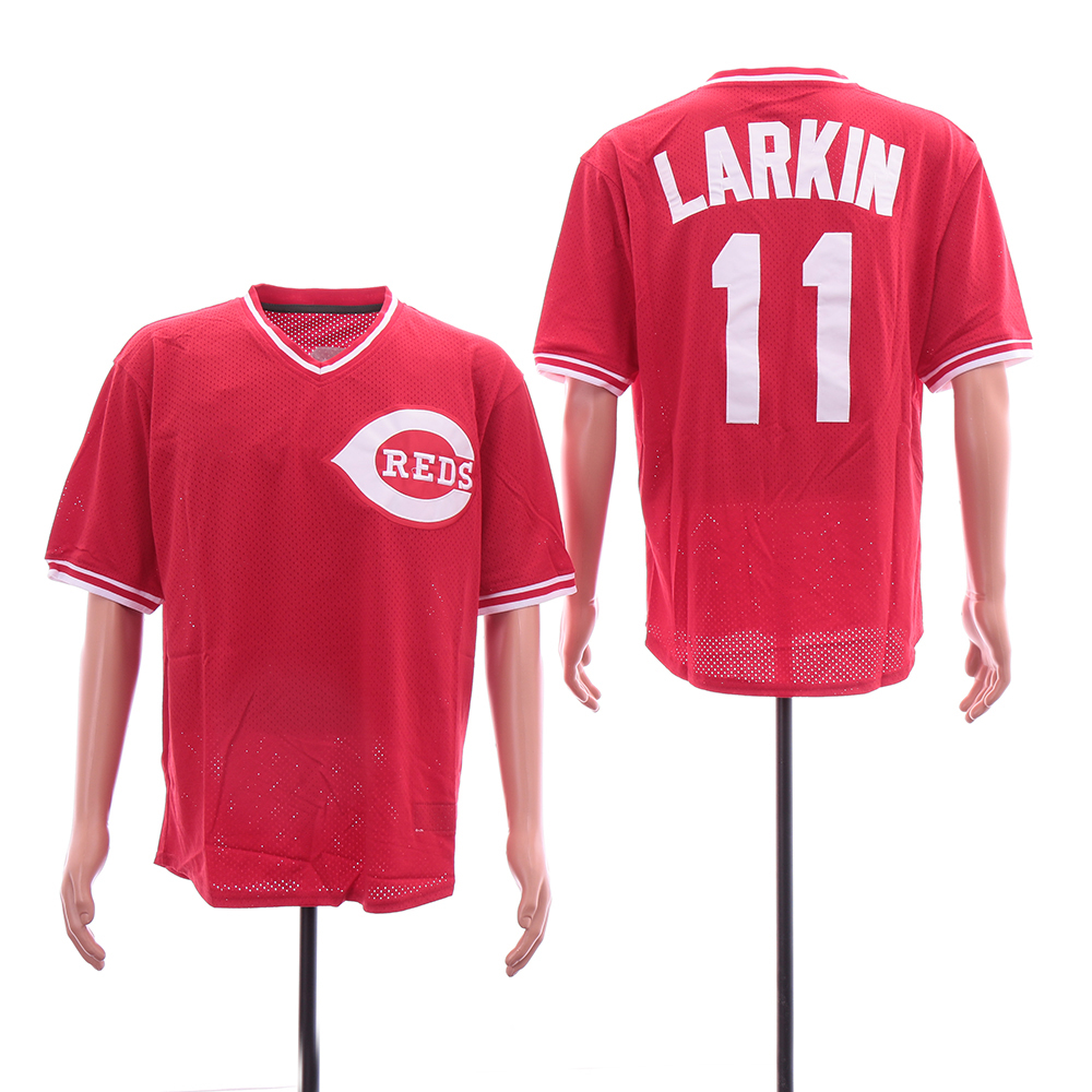 Reds 11 Barry Larkin Red Throwback BP Mesh Jersey