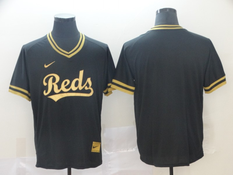 Reds Blank Black Gold Nike Cooperstown Collection Legend V Neck Jersey