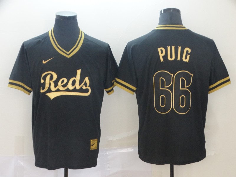 Reds 66 Yasiel Puig Black Gold Nike Cooperstown Collection Legend V Neck Jersey