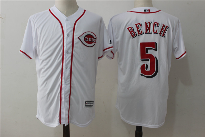 Reds 5 Johnny Bench White Cool Base Jersey