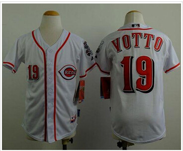 Youth Reds #19 Joey Votto White Cool Base Stitched Baseball Jersey