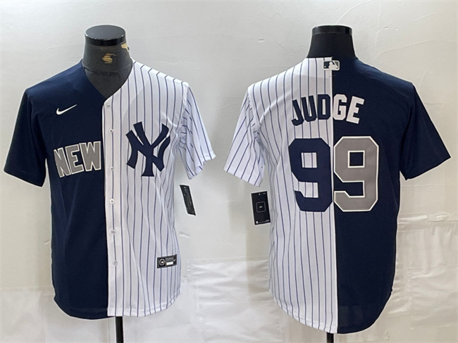 Men's New York Yankees #99 Aaron Judge Navy White Split Cool Base Stitched Baseball Jersey