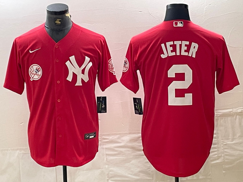 Men's New York Yankees #2 Derek Jeter Red Cool Base Stitched Baseball Jersey 1