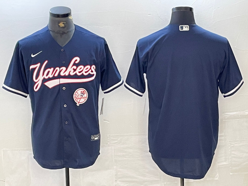 Men's New York Yankees Big LOGO Navy Cool Base Stitched Baseball Jersey 60