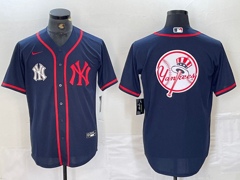 Men's New York Yankees Big LOGO Navy Cool Base Stitched Baseball Jersey 50