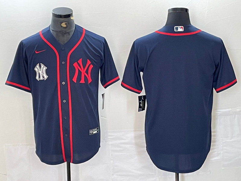 Men's New York Yankees Big LOGO Navy Cool Base Stitched Baseball Jersey 30