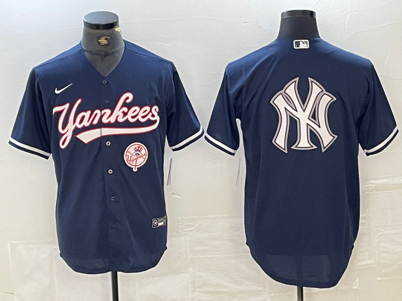 Men's New York Yankees Big LOGO Navy Cool Base Stitched Baseball Jersey 27