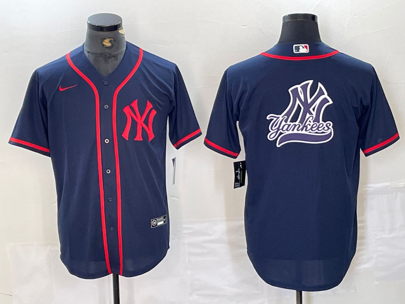 Men's New York Yankees Big LOGO Navy Cool Base Stitched Baseball Jersey 26