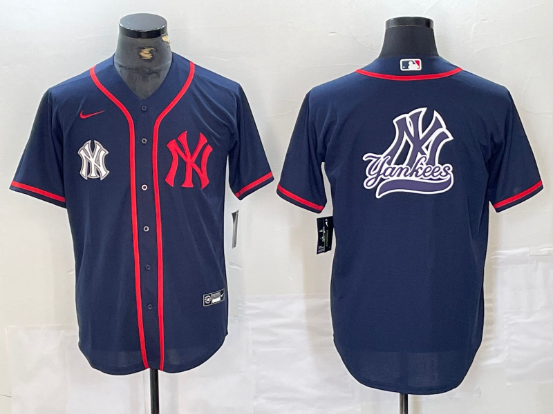 Men's New York Yankees Big LOGO Navy Cool Base Stitched Baseball Jersey 22