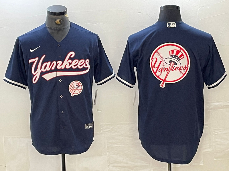 Men's New York Yankees Big LOGO Navy Cool Base Stitched Baseball Jersey 21