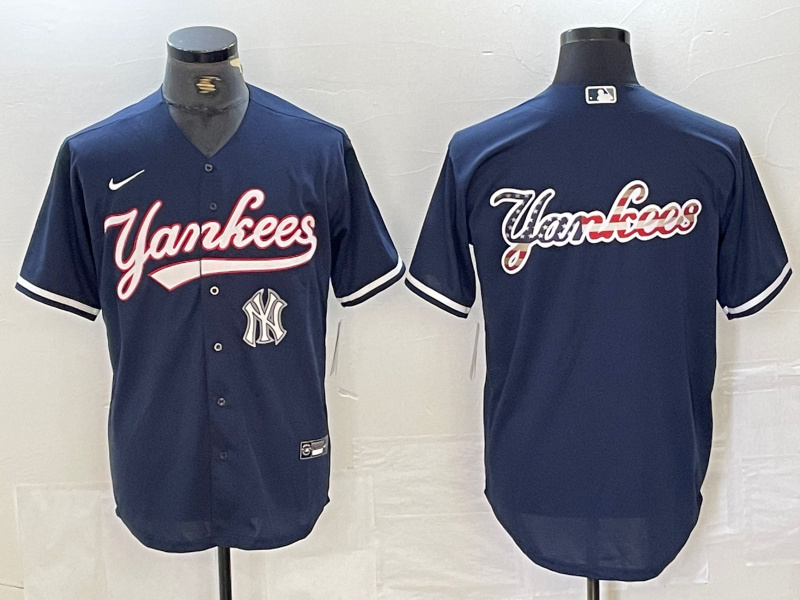 Men's New York Yankees Big LOGO Navy Cool Base Stitched Baseball Jersey 15