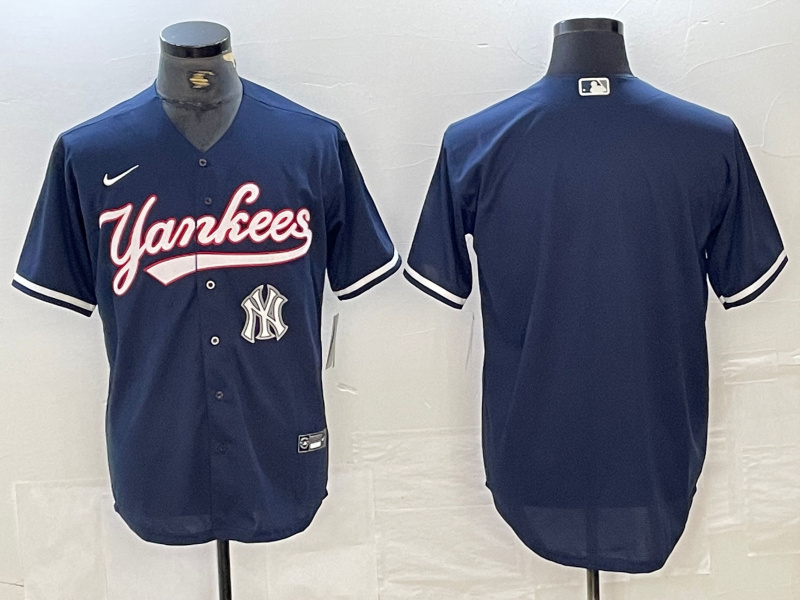 Men's New York Yankees Big LOGO Navy Cool Base Stitched Baseball Jersey 12