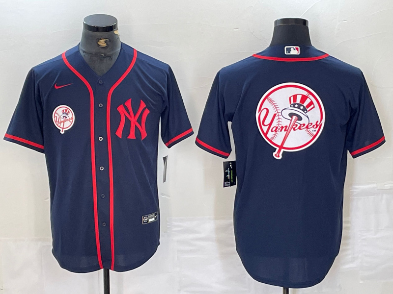 Men's New York Yankees Big LOGO Navy Cool Base Stitched Baseball Jersey 8