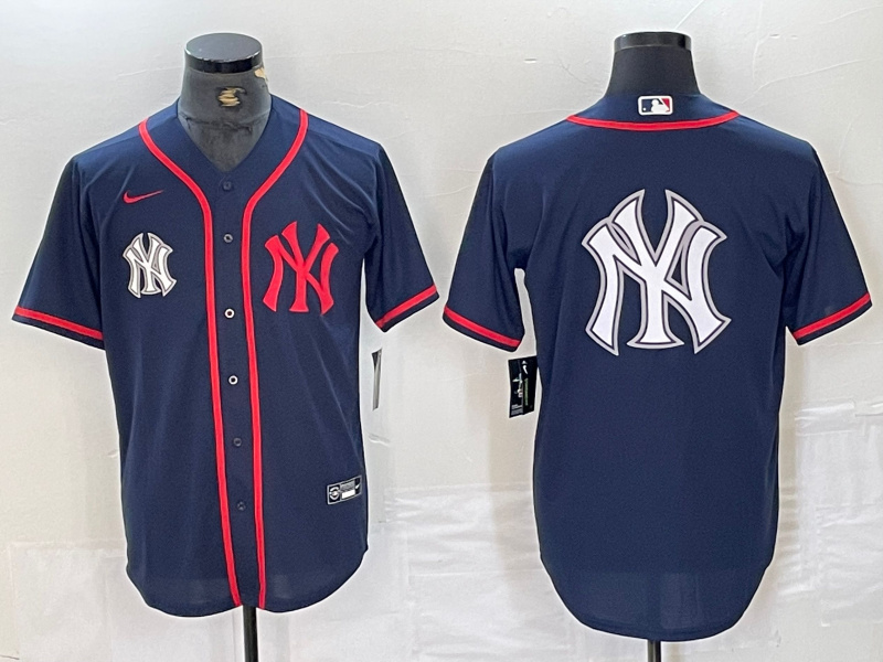 Men's New York Yankees Big LOGO Navy Cool Base Stitched Baseball Jersey 7