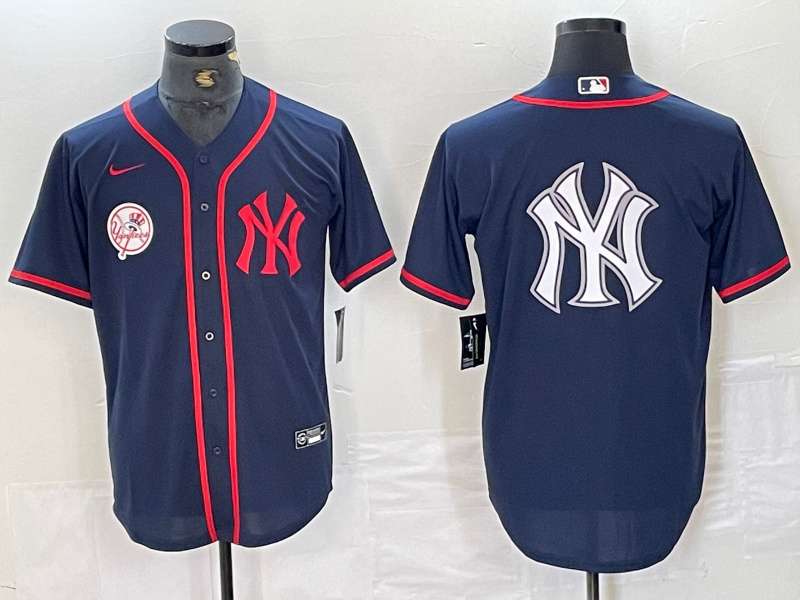 Men's New York Yankees Big LOGO Navy Cool Base Stitched Baseball Jersey 6