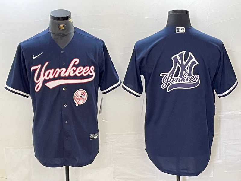 Men's New York Yankees Big LOGO Navy Cool Base Stitched Baseball Jersey 5