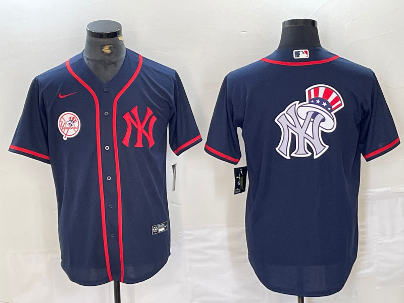 Men's New York Yankees Big LOGO Navy Cool Base Stitched Baseball Jersey 4