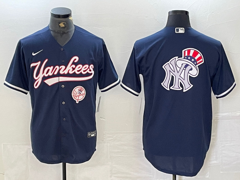 Men's New York Yankees Big LOGO Navy Cool Base Stitched Baseball Jersey 3