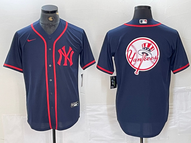 Men's New York Yankees Big LOGO Navy Cool Base Stitched Baseball Jersey 2