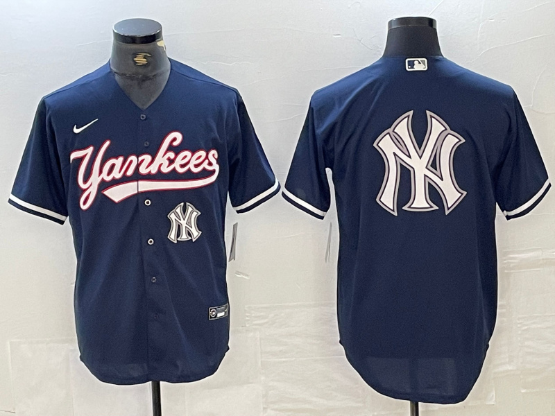 Men's New York Yankees Big LOGO Navy Cool Base Stitched Baseball Jersey 1