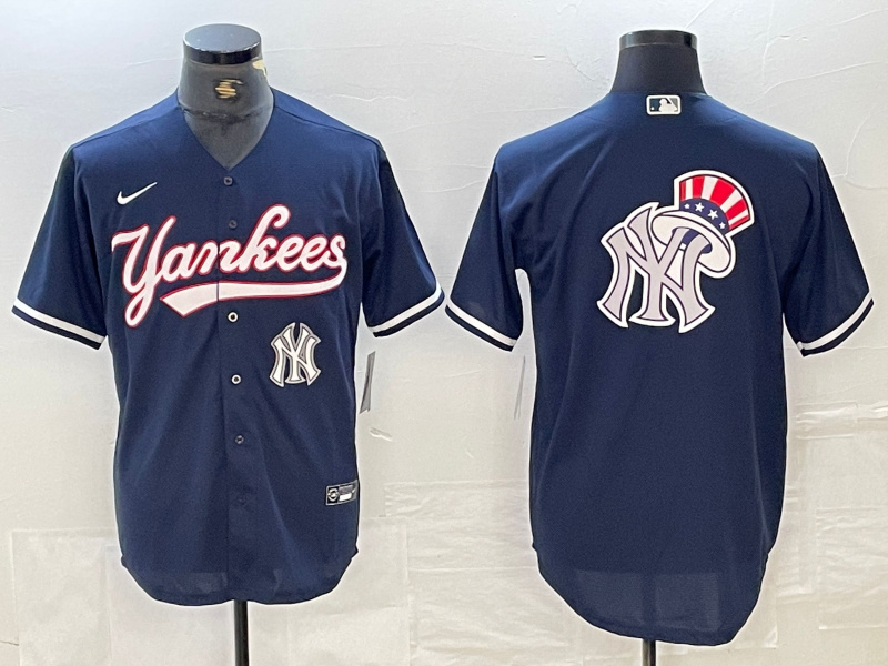 Men's New York Yankees Big LOGO Navy Cool Base Stitched Baseball Jersey