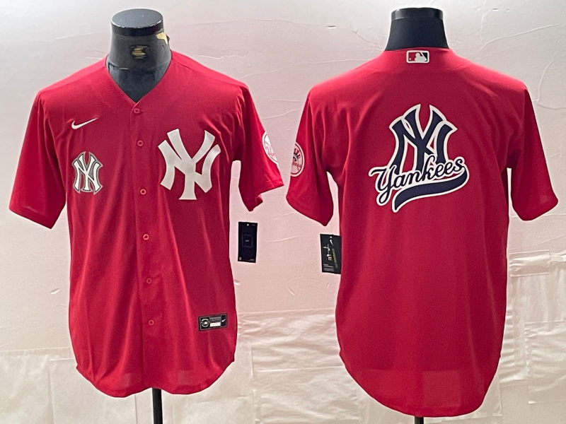 Men's New York Yankees Big Logo Red Cool Base Stitched Baseball Jersey