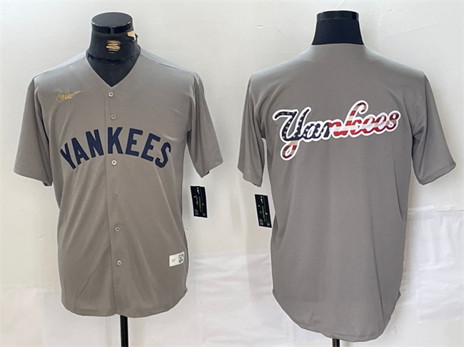 Men's New York Yankees Grey Team Big Logo Cool Base Stitched Baseball Jersey 6