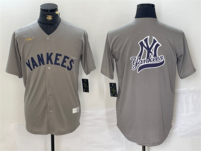 Men's New York Yankees Grey Team Big Logo Cool Base Stitched Baseball Jersey 5