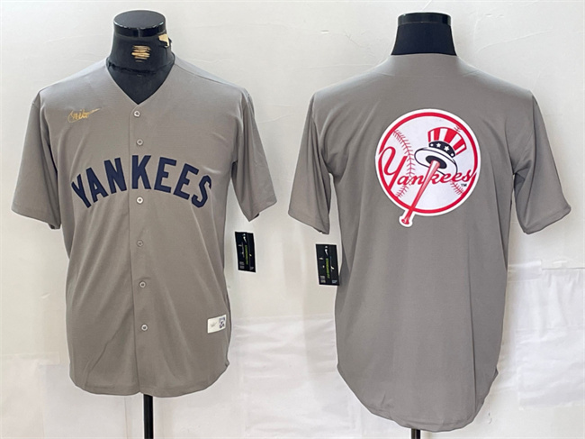 Men's New York Yankees Grey Team Big Logo Cool Base Stitched Baseball Jersey 3