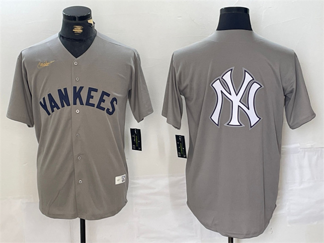 Men's New York Yankees Grey Team Big Logo Cool Base Stitched Baseball Jersey 2