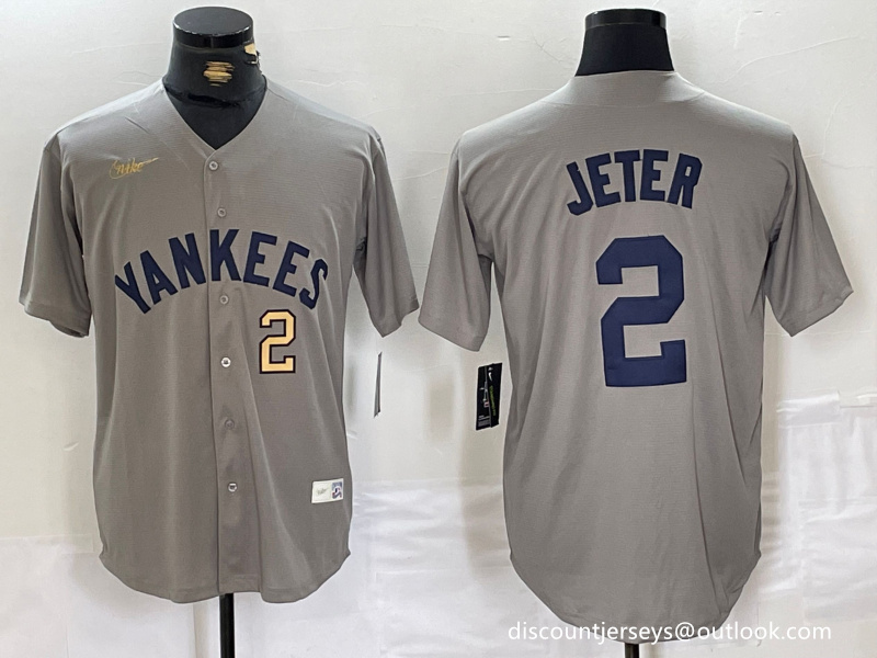 Men's New York Yankees #2 Derek Jeter Grey Cool Base Stitched Baseball Jersey 4