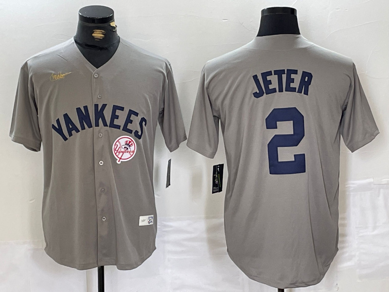 Men's New York Yankees #2 Derek Jeter Grey Cool Base Stitched Baseball Jersey 3