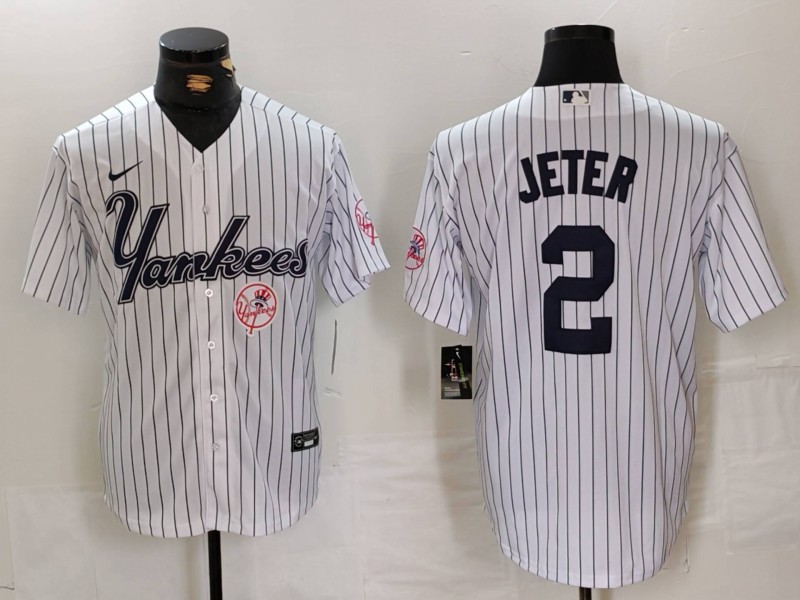 Men's New York Yankees #2 Derek Jeter White Cool Base Stitched Baseball Jersey 3