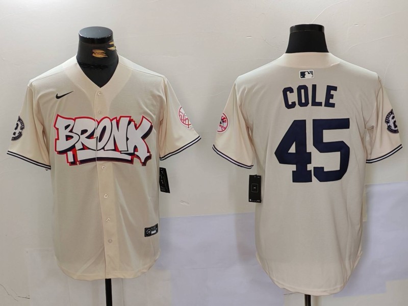 Men's New York Yankees #45 Gerrit ColeCream The Bronx Graffiti V2 Vapor Limited Stitched Baseball Jersey 5