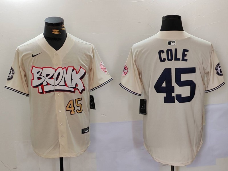 Men's New York Yankees #45 Gerrit ColeCream The Bronx Graffiti V2 Vapor Limited Stitched Baseball Jersey 3