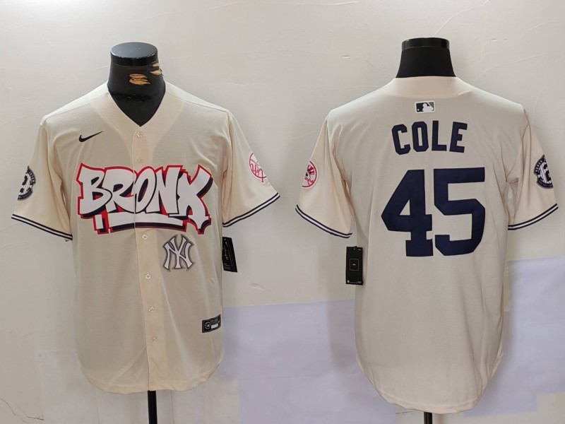 Men's New York Yankees #45 Gerrit ColeCream The Bronx Graffiti V2 Vapor Limited Stitched Baseball Jersey 2