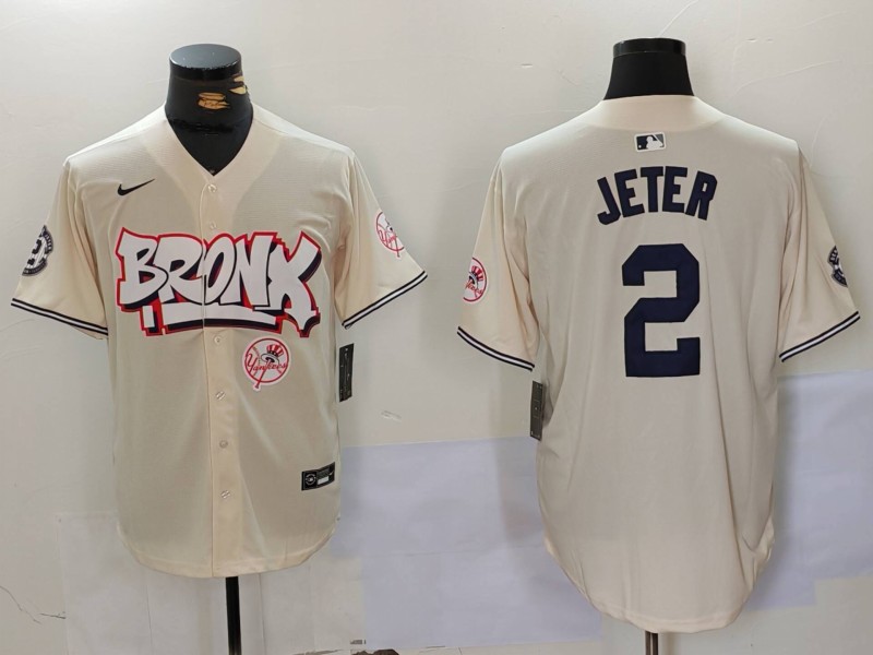 Men's New York Yankees #2 Derek Jeter Cream The Bronx Graffiti V2 Vapor Limited Stitched Baseball Jersey 5