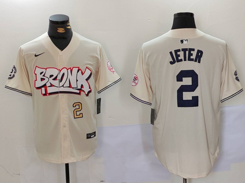 Men's New York Yankees #2 Derek Jeter Cream The Bronx Graffiti V2 Vapor Limited Stitched Baseball Jersey 3